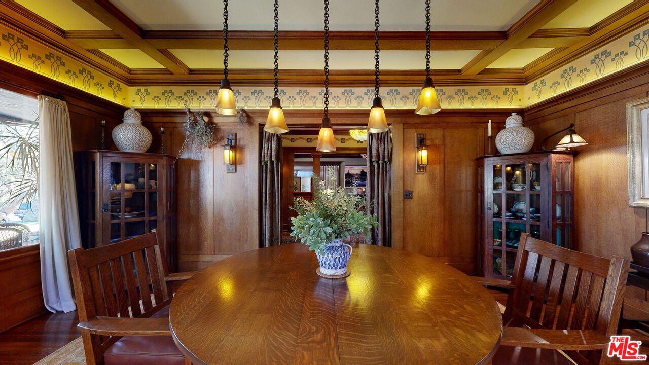 Dining room, Interior, Pendant Lights, Wooden Beams, Wood Texture Flooring