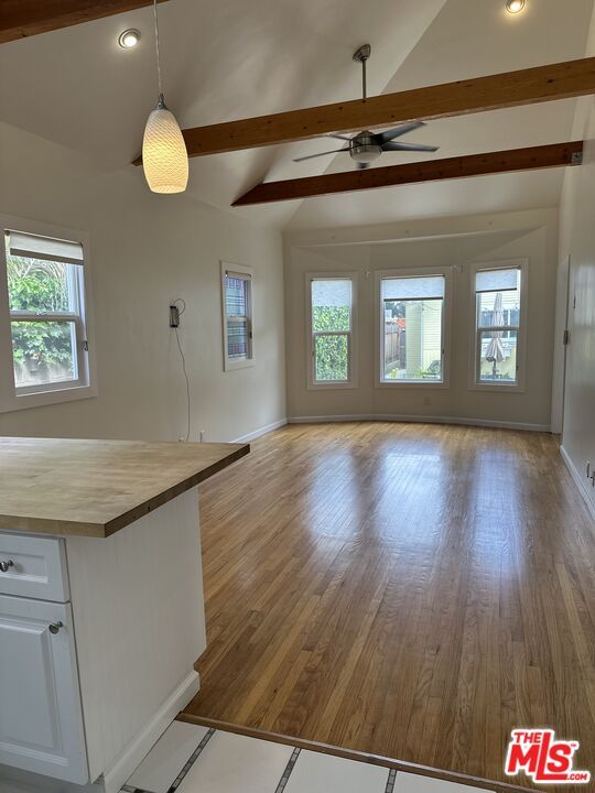 Empty room, Interior, Pendant Lights, Recessed Lighting, Wooden Beams, Wood Texture Flooring