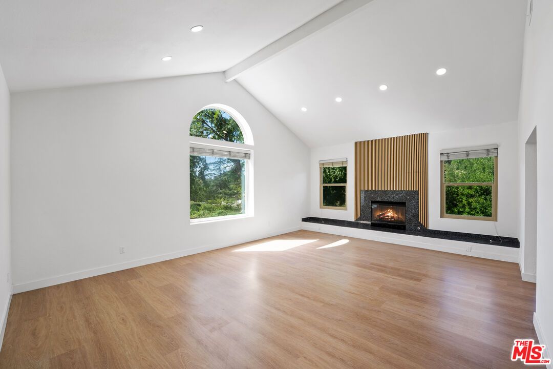 Empty room, Fireplace, Interior, Recessed Lighting, Wood Texture Flooring
