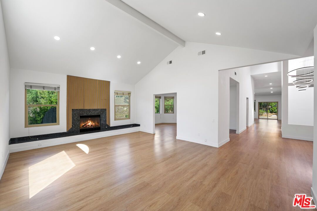 Empty room, Fireplace, Interior, Recessed Lighting, Wood Texture Flooring