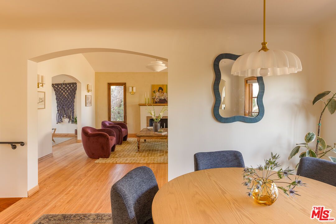 Dining room, Fireplace, Interior, Living room, Pendant Lights, Wood Texture Flooring