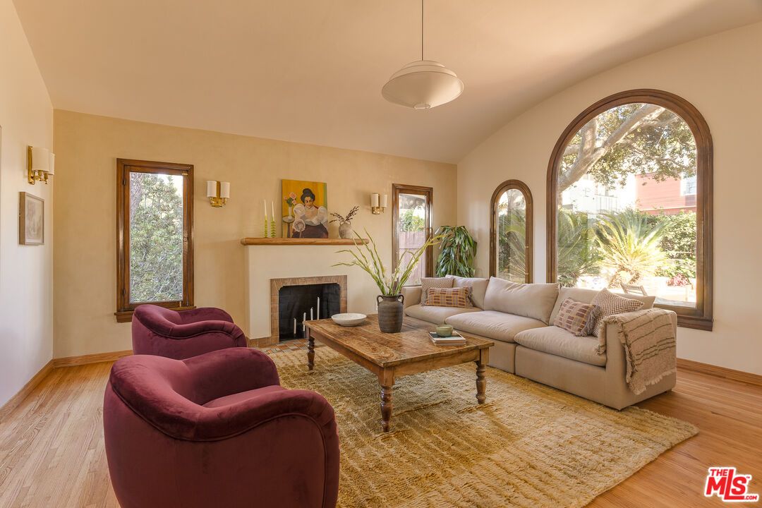 Fireplace, Interior, Living room, Pendant Lights, Wood Texture Flooring