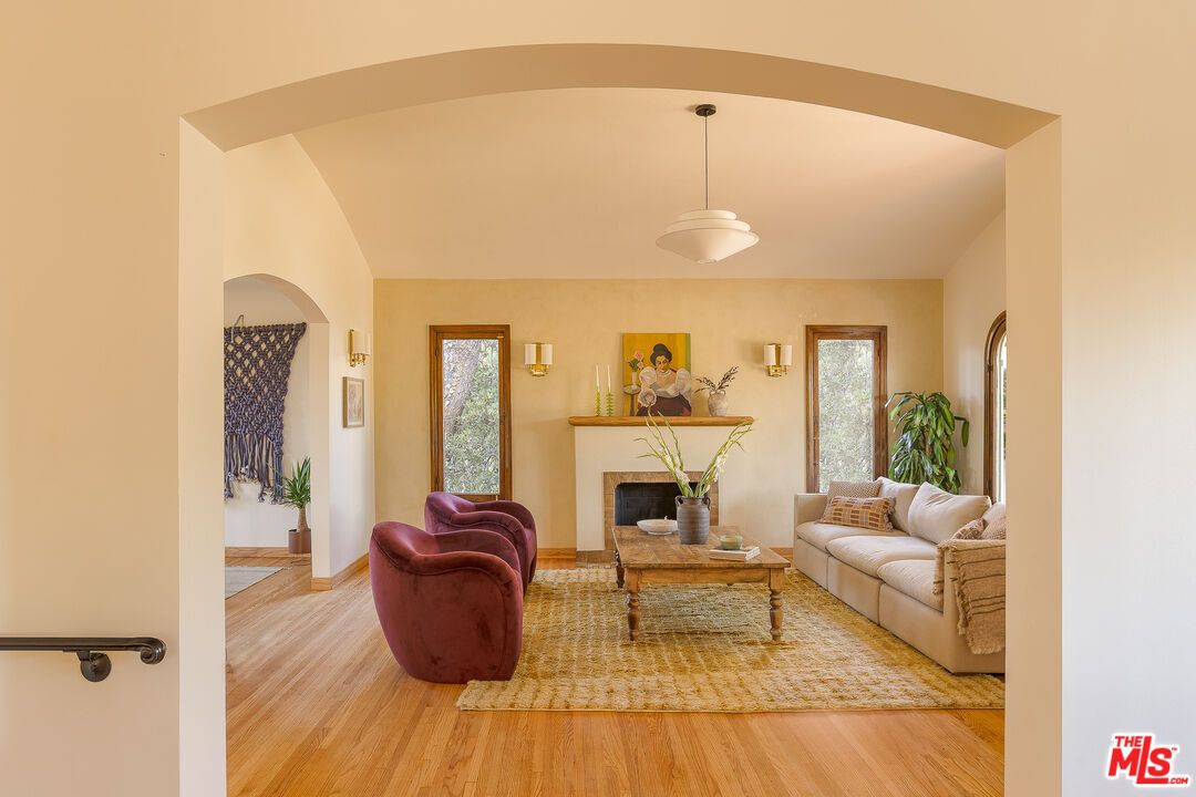 Fireplace, Interior, Living room, Pendant Lights, Wood Texture Flooring