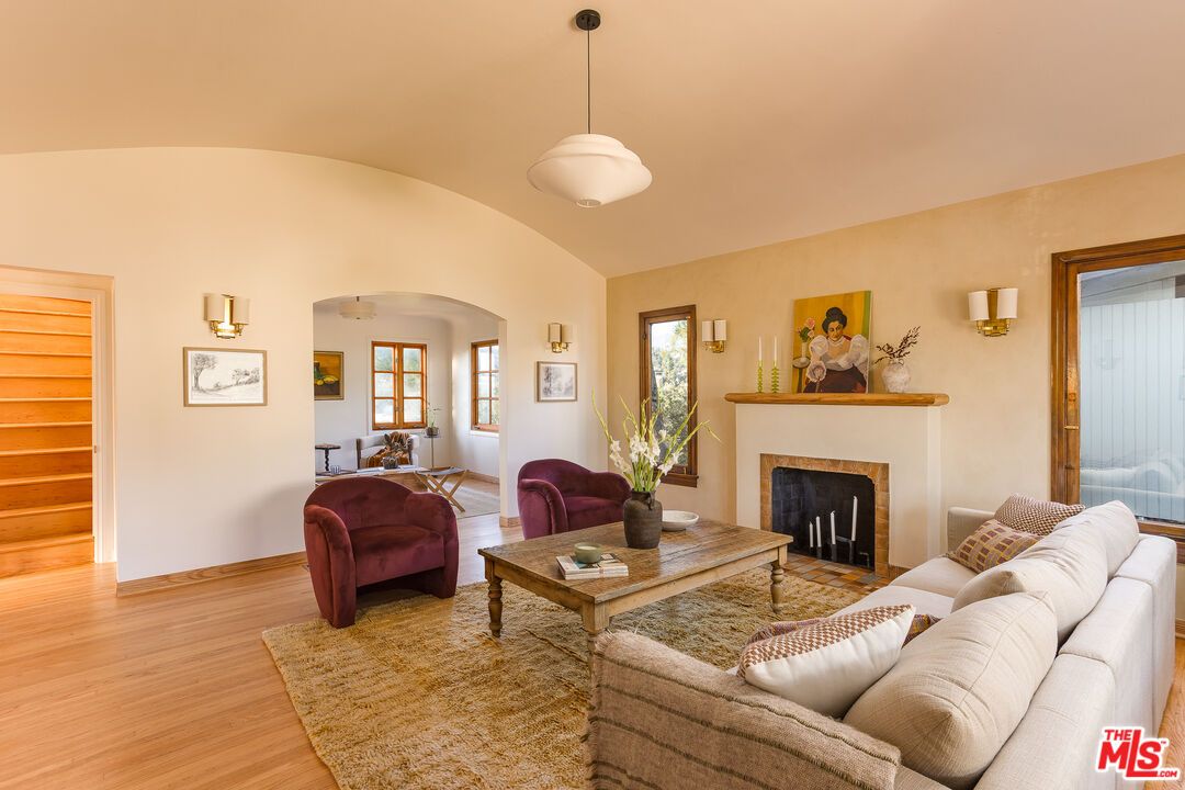 Fireplace, Interior, Living room, Pendant Lights, Wood Texture Flooring