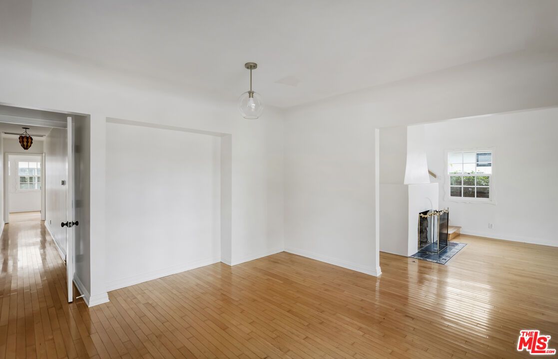 Empty room, Fireplace, Interior, Pendant Lights, Wood Texture Flooring