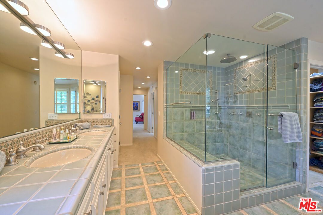 Bathroom, Dual Sink Vanities, Glass Shower, Interior, Recessed Lighting, Tile Countertops