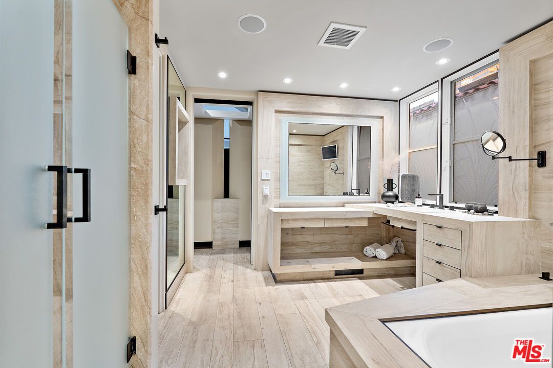 Bathroom, Glass Shower, Interior, Recessed Lighting, Wood Texture Flooring