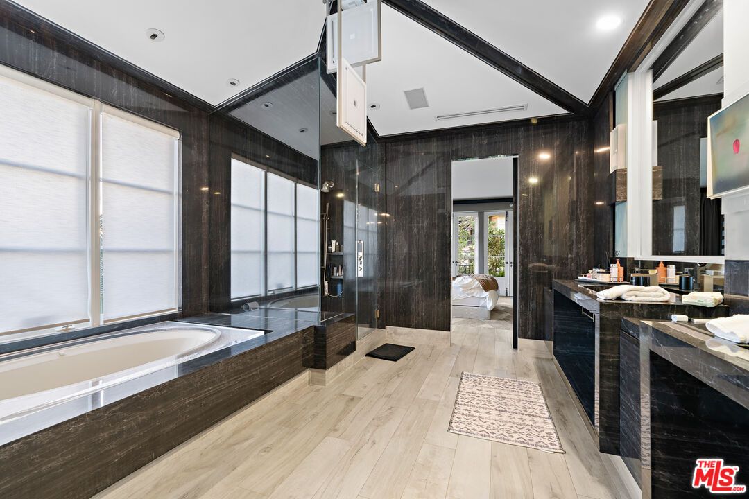 Bathroom, Glass Shower, Interior, Recessed Lighting, Wood Texture Flooring