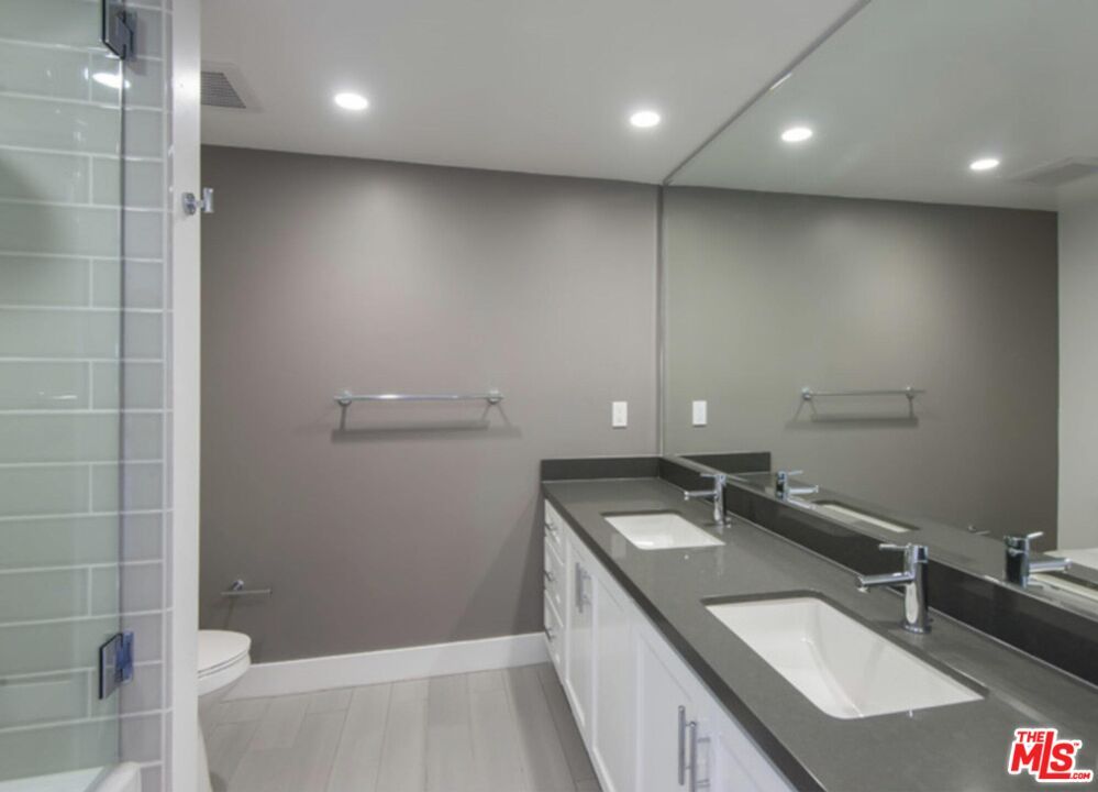 Bathroom, Dual Sink Vanities, Interior, Recessed Lighting, Wood Texture Flooring