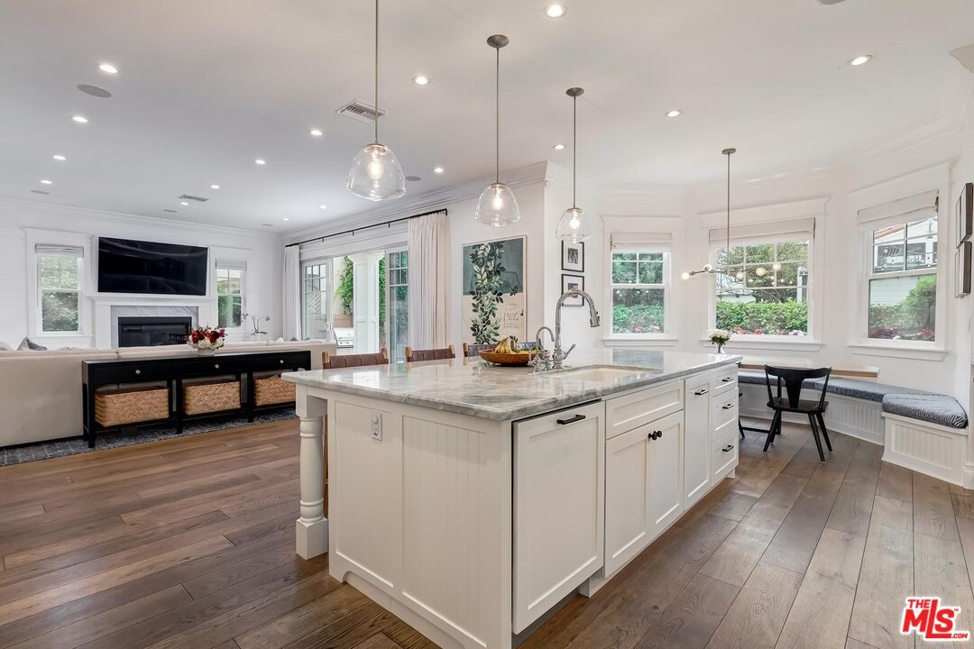 Dining room, Fireplace, Interior, Kitchen, Living room, Pendant Lights, Recessed Lighting, Wood Texture Flooring