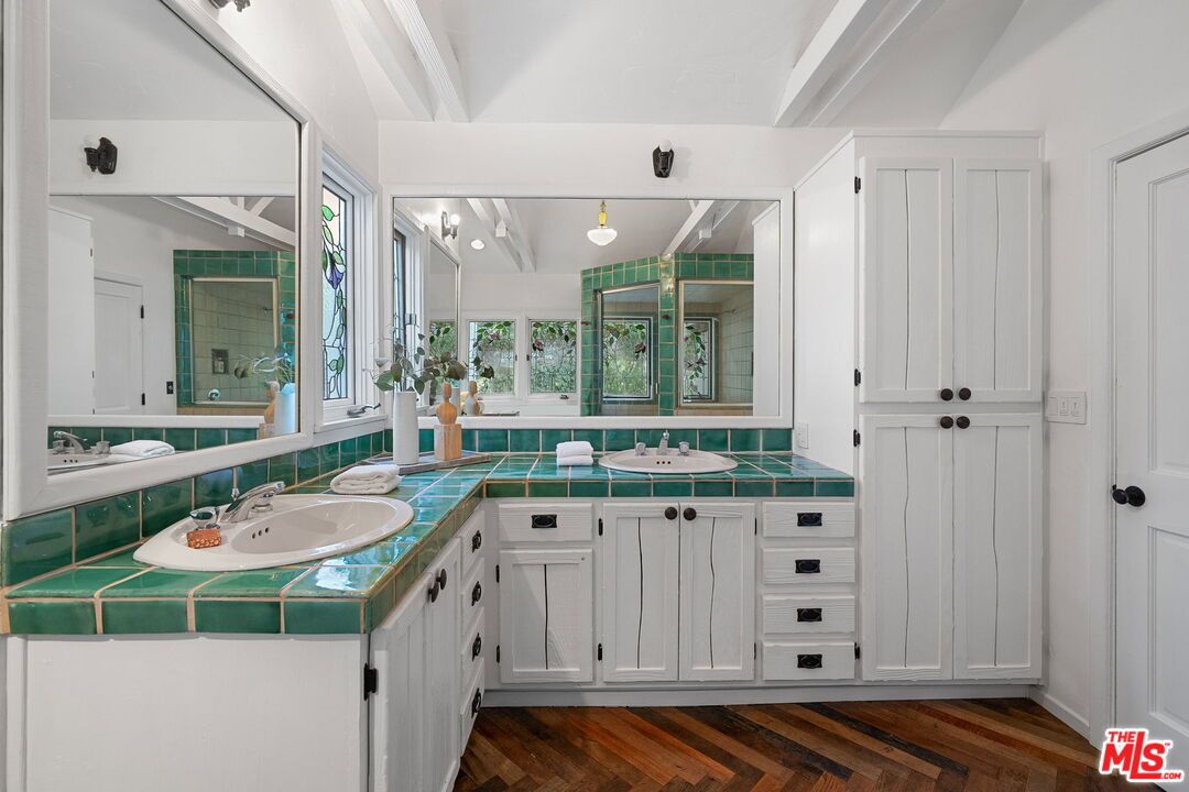 Bathroom, Dual Sink Vanities, Interior, Tile Countertops, Wood Texture Flooring