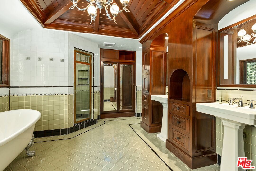 Bathroom, Chandelier, Free Standing Baths, Glass Shower, Interior, Recessed Lighting, Wooden Ceilings, Wooden Walls