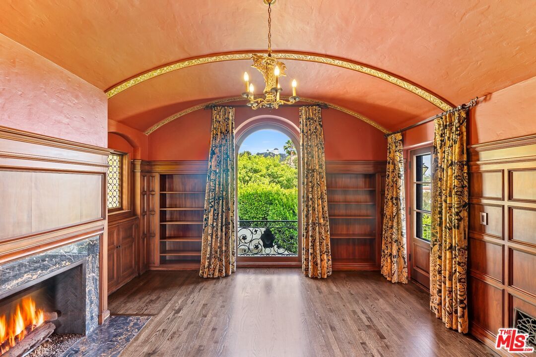 Chandelier, Empty room, Fireplace, Interior, Wood Texture Flooring