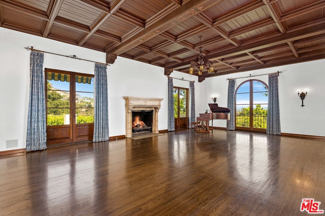 Chandelier, Empty room, Fireplace, Interior, Piano, Wooden Beams, Wooden Ceilings, Wood Texture Flooring