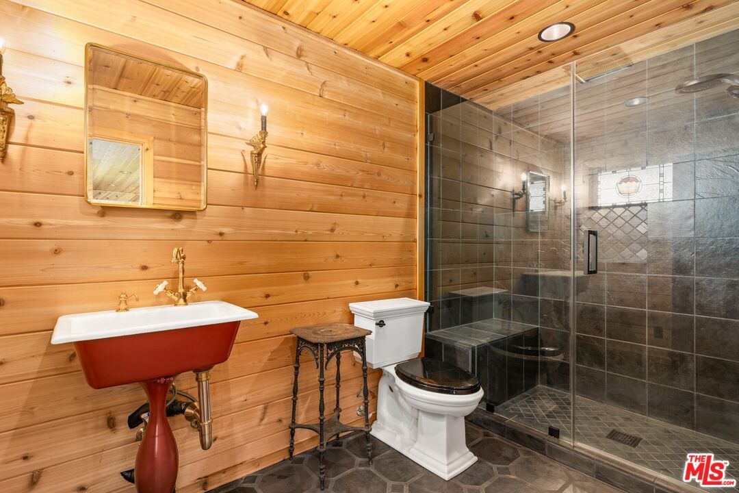 Bathroom, Glass Shower, Interior, Recessed Lighting, Wooden Ceilings, Wooden Walls
