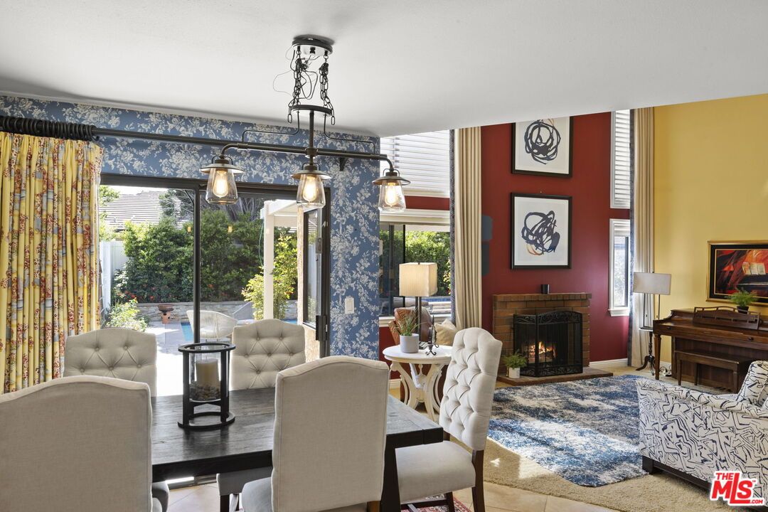 Dining room, Fireplace, Interior, Pendant Lights
