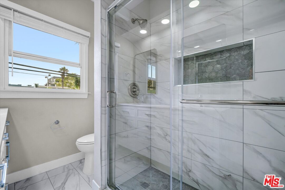 Bathroom, Glass Shower, Interior, Marble, Marble Walls, Recessed Lighting