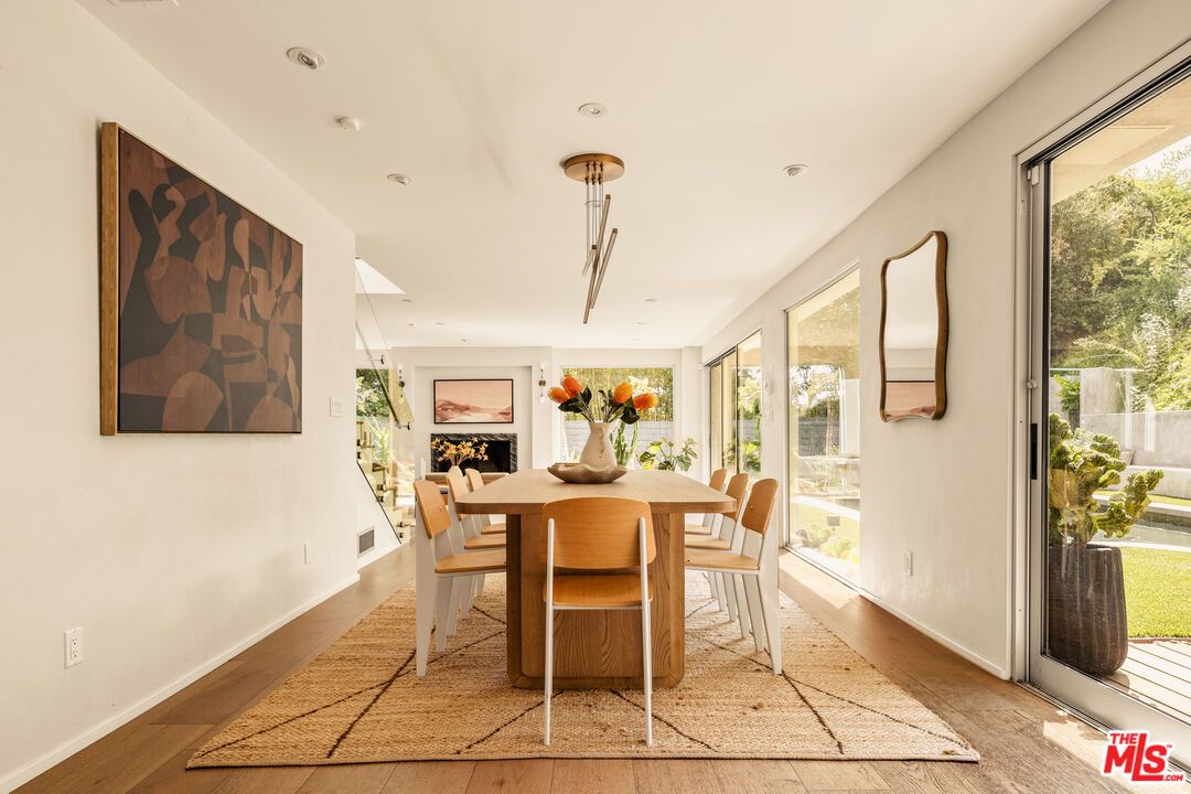 Dining room, Fireplace, Interior, Pendant Lights, Recessed Lighting, Wood Texture Flooring