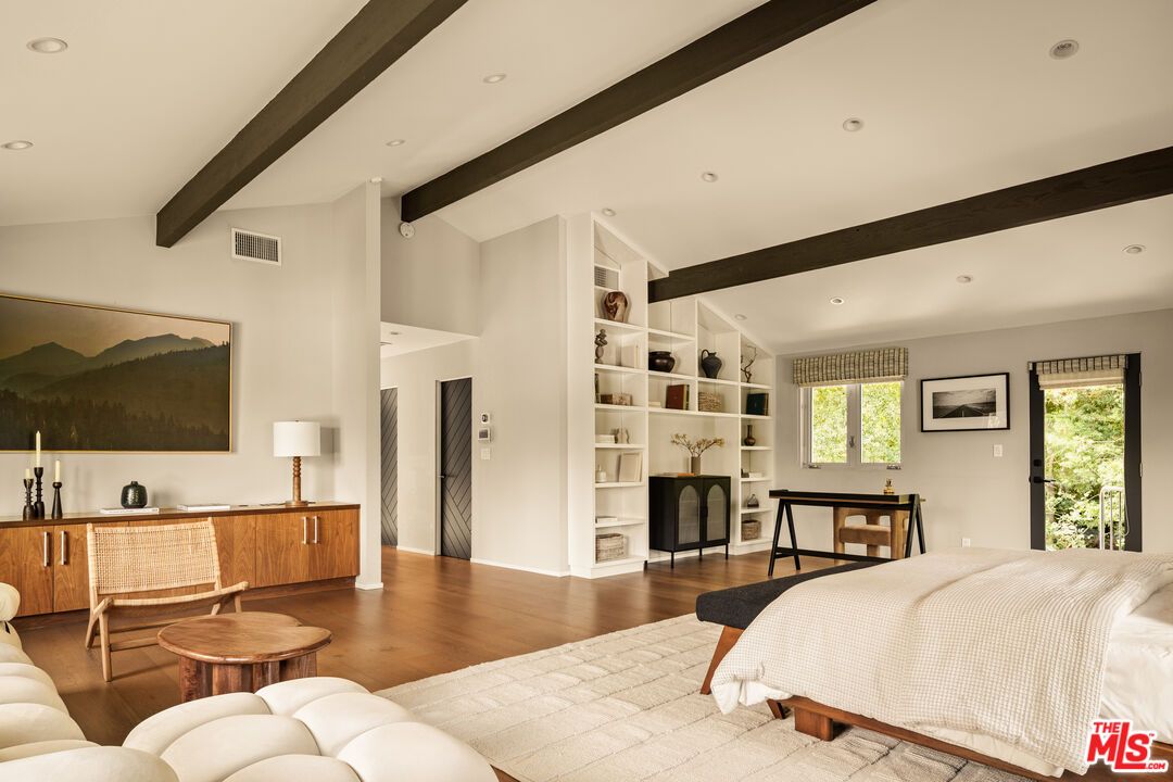Bedroom, Interior, Recessed Lighting, Wooden Beams, Wood Texture Flooring