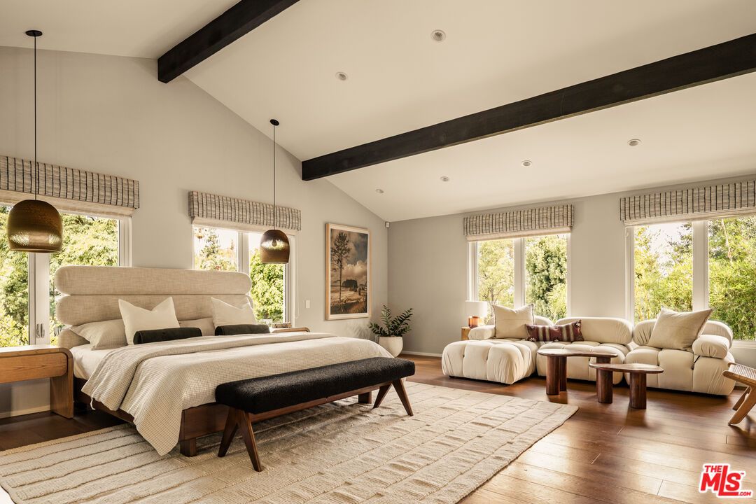 Bedroom, Interior, Pendant Lights, Recessed Lighting, Wooden Beams, Wood Texture Flooring