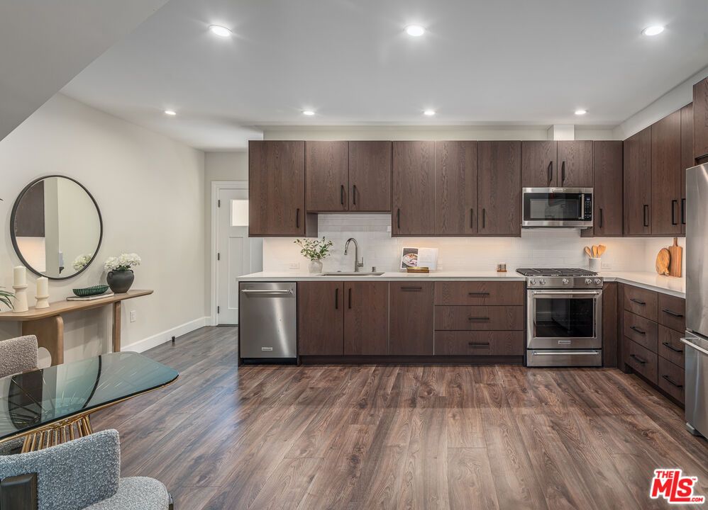 Interior, Kitchen, Recessed Lighting, Stainless Steel Appliances, Wood Texture Flooring