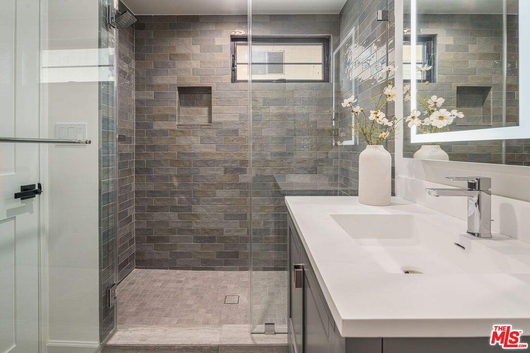 Bathroom, Dual Sink Vanities, Glass Shower, Interior, Stone Walls