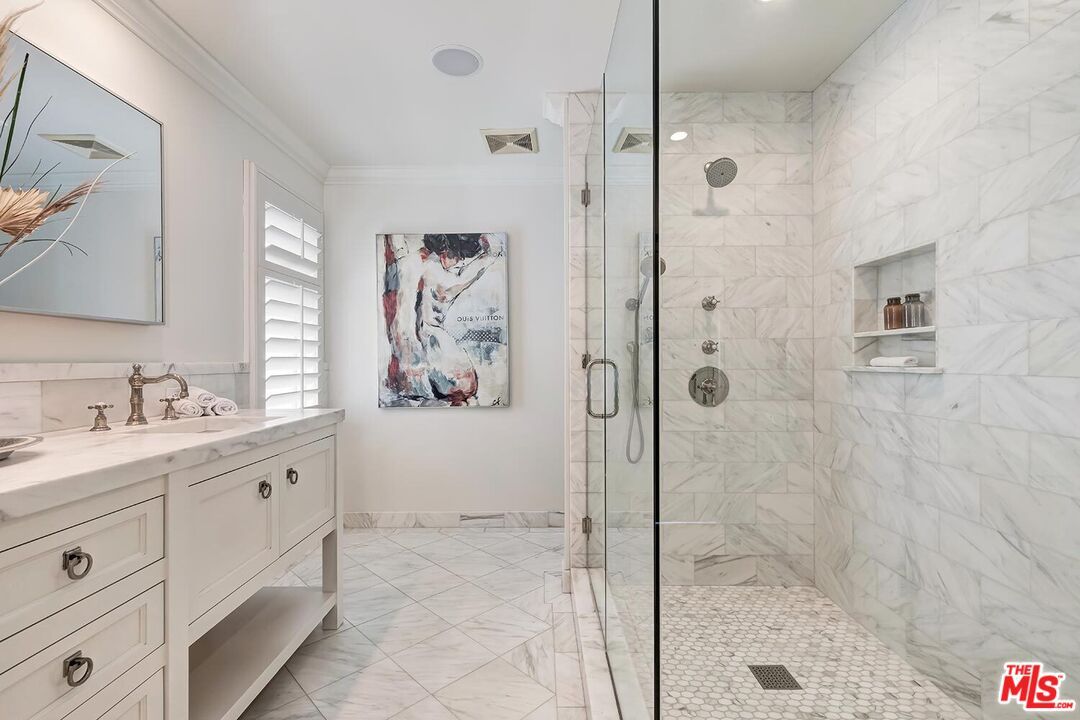 Bathroom, Glass Shower, Interior, Marble, Marble Walls, Recessed Lighting