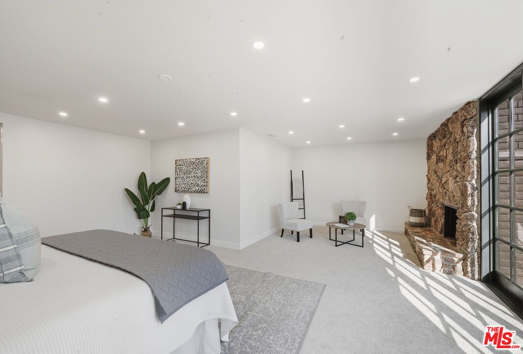 Bedroom, Fireplace, Interior, Recessed Lighting, Stone Walls