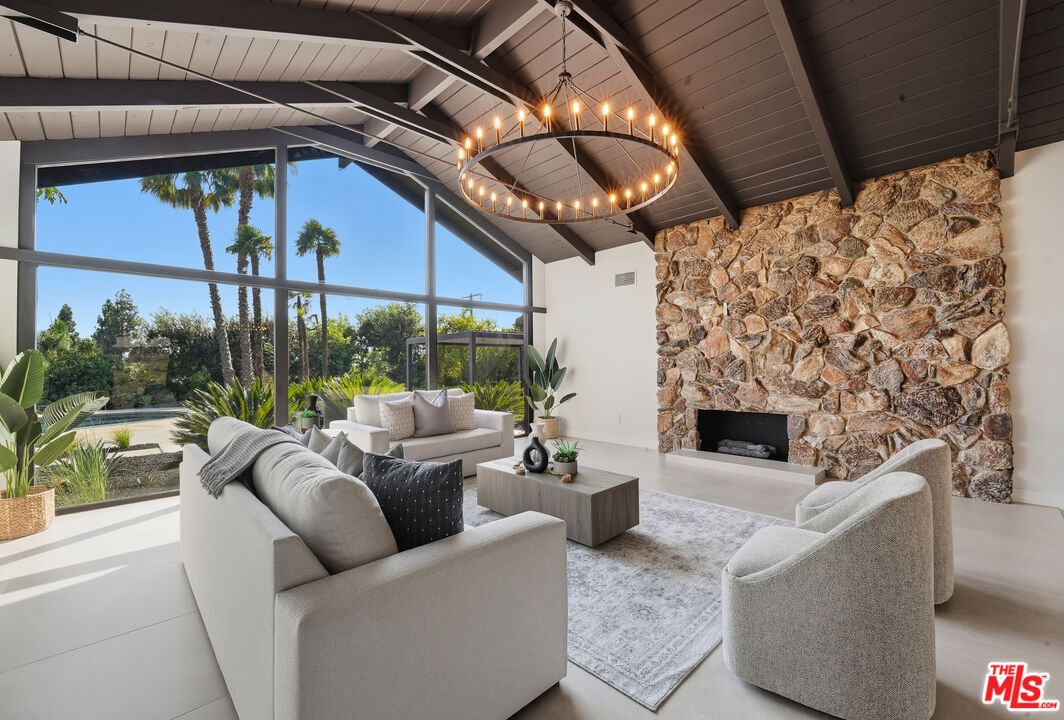 Fireplace, Interior, Living room, Pendant Lights, Stone Walls, Wooden Beams, Wooden Ceilings
