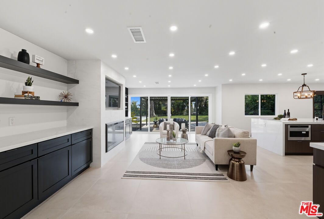 Dining room, Fireplace, Interior, Kitchen, Living room, Pendant Lights, Recessed Lighting