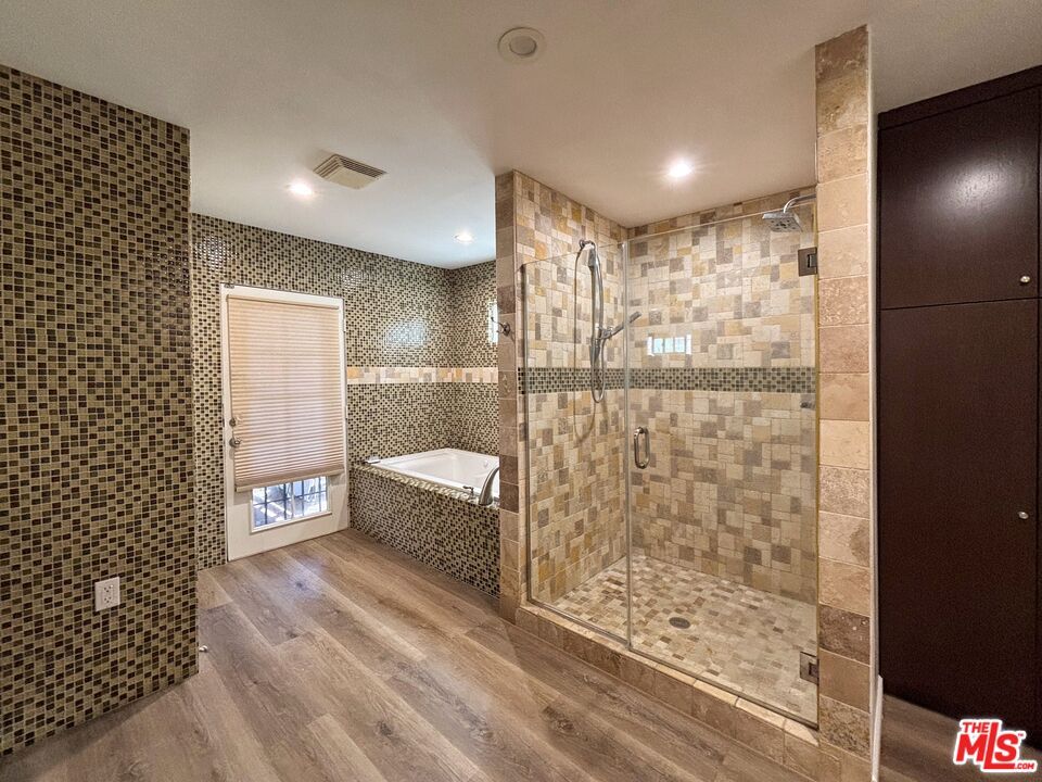 Bathroom, Glass Shower, Interior, Recessed Lighting, Wood Texture Flooring