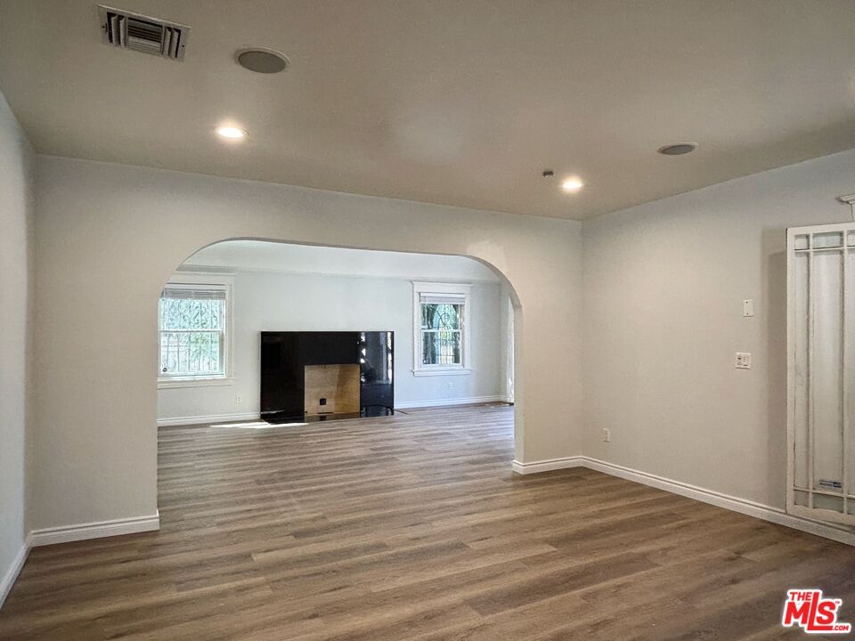 Empty room, Fireplace, Interior, Recessed Lighting, Wood Texture Flooring