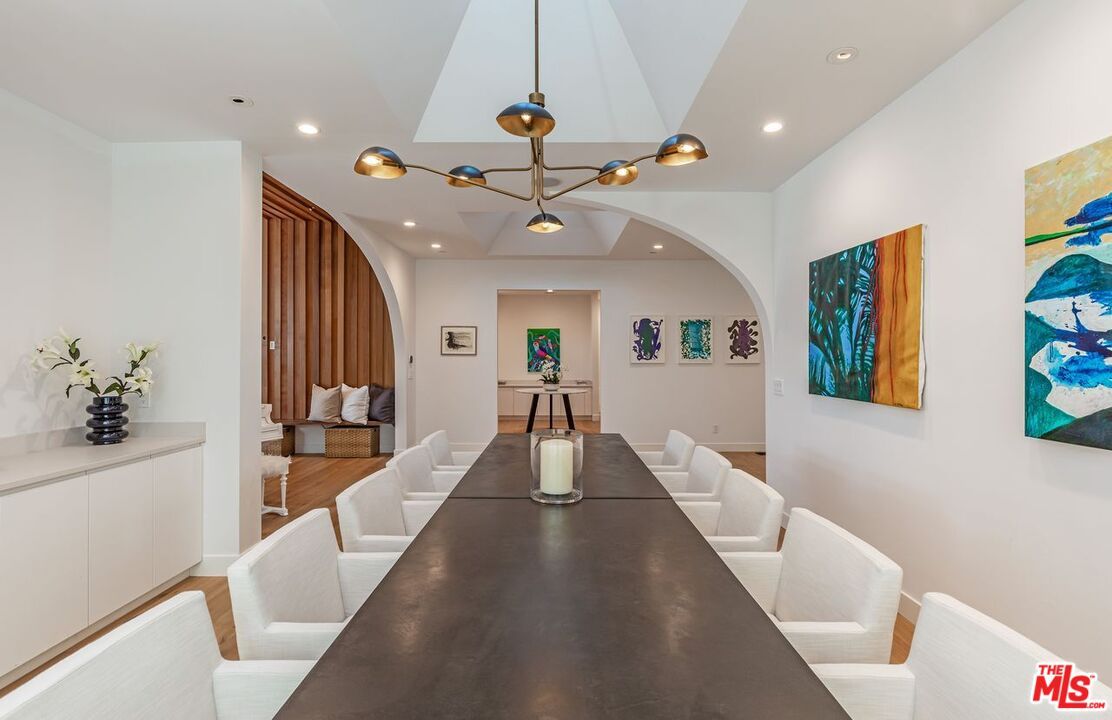 Dining room, Interior, Pendant Lights, Recessed Lighting, Wood Texture Flooring