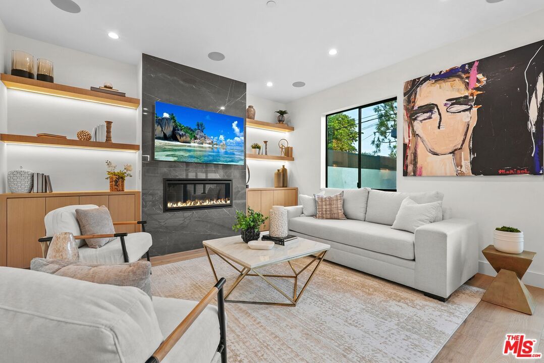 Fireplace, Interior, Living room, Recessed Lighting, Wood Texture Flooring