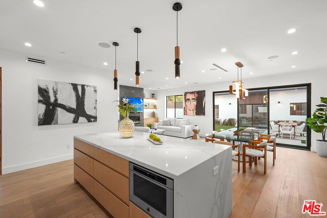 Dining room, Fireplace, Interior, Kitchen, Living room, Pendant Lights, Recessed Lighting, Wood Texture Flooring