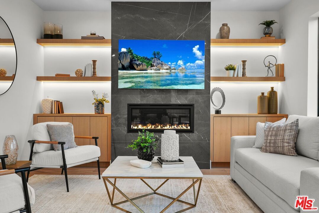 Fireplace, Interior, Living room, Recessed Lighting, Wood Texture Flooring
