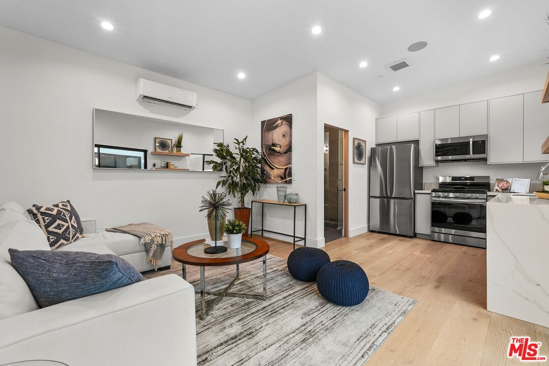 Interior, Kitchen, Living room, Recessed Lighting, Stainless Steel Appliances, Wood Texture Flooring