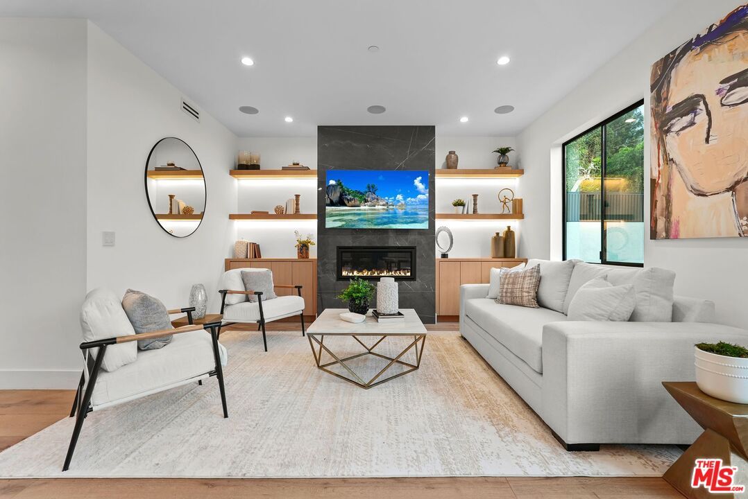 Fireplace, Interior, Living room, Recessed Lighting, Wood Texture Flooring