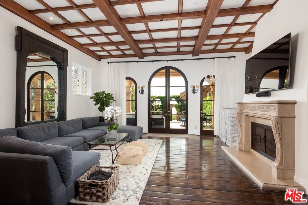 Fireplace, Interior, Living room, Recessed Lighting, Wooden Beams, Wood Texture Flooring
