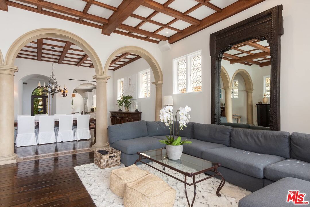 Chandelier, Interior, Living room, Recessed Lighting, Wooden Beams, Wood Texture Flooring