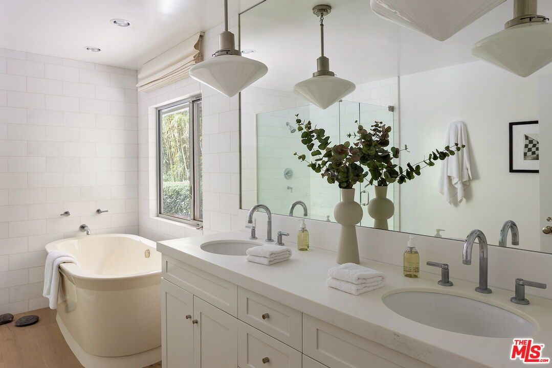 Bathroom, Dual Sink Vanities, Free Standing Baths, Interior, Pendant Lights, Recessed Lighting, Wood Texture Flooring