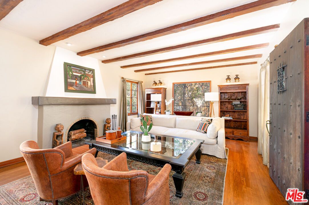 Fireplace, Interior, Living room, Recessed Lighting, Wooden Beams, Wood Texture Flooring