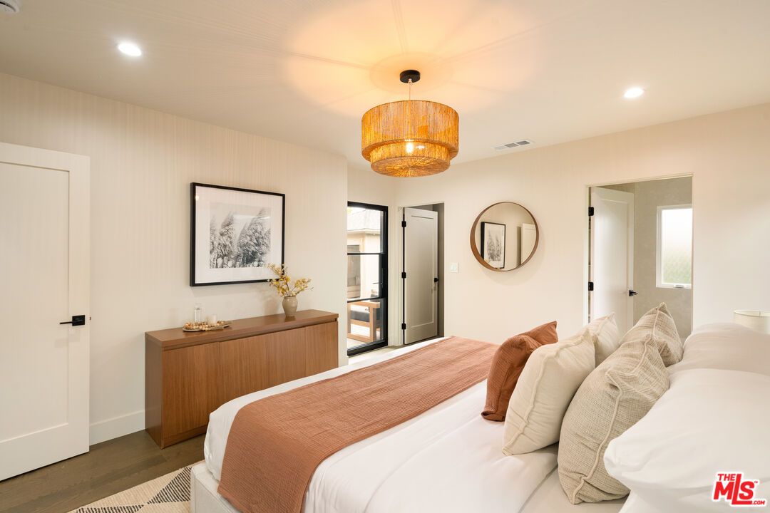 Bedroom, Chandelier, Interior, Recessed Lighting, Wood Texture Flooring