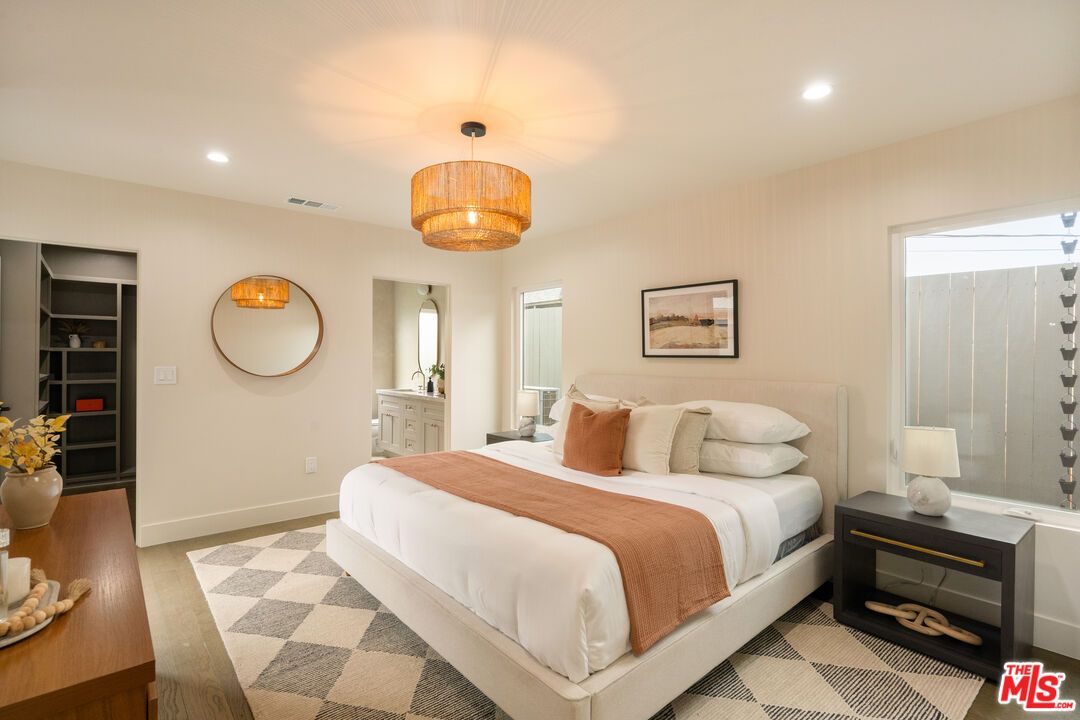 Bedroom, Chandelier, Interior, Recessed Lighting, Wood Texture Flooring