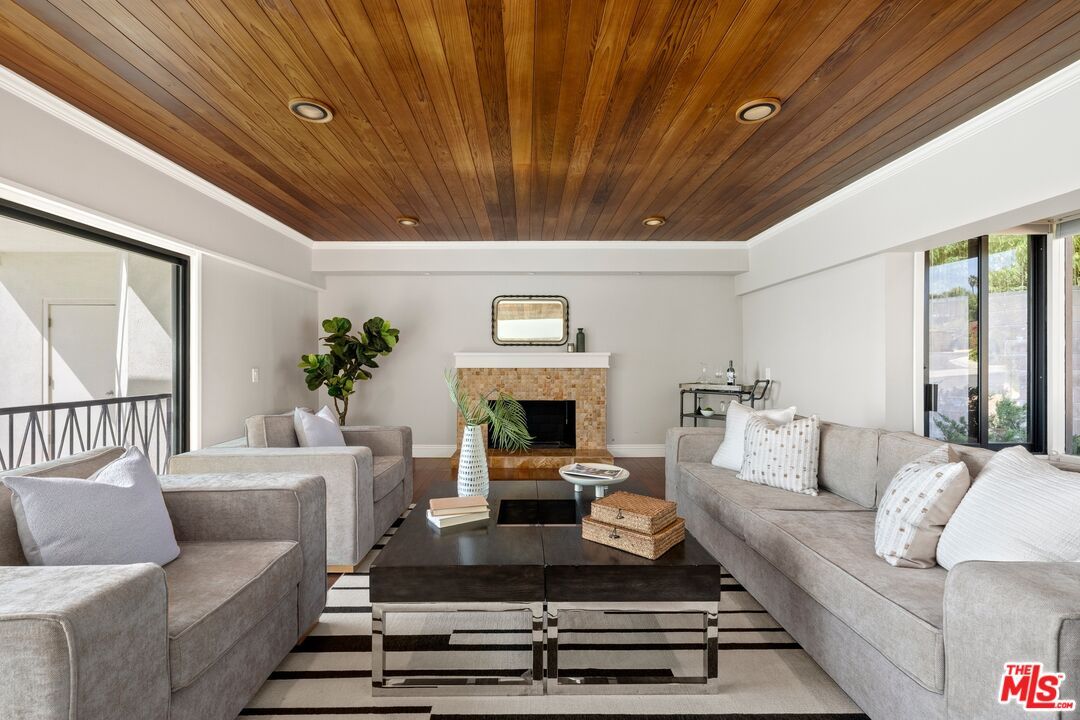 Fireplace, Interior, Living room, Recessed Lighting, Wooden Ceilings, Wood Texture Flooring