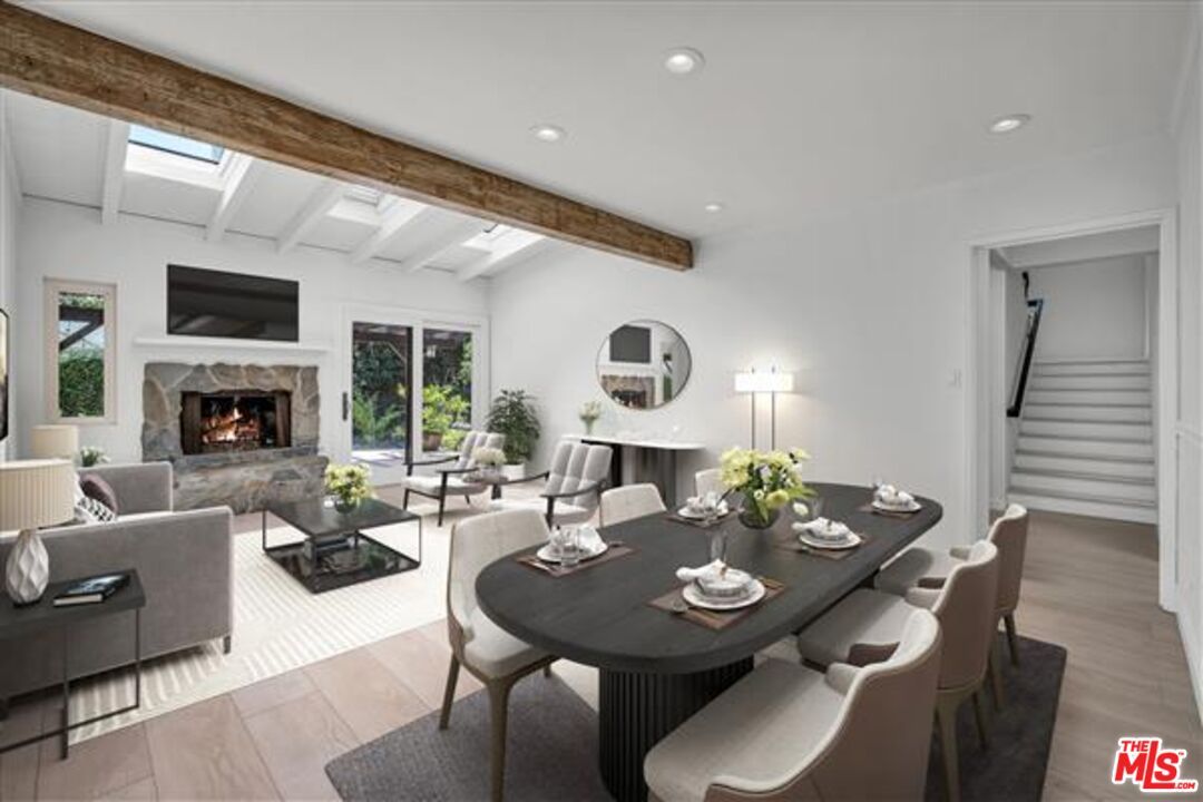 Dining room, Fireplace, Interior, Living room, Recessed Lighting, Wooden Beams, Wood Texture Flooring