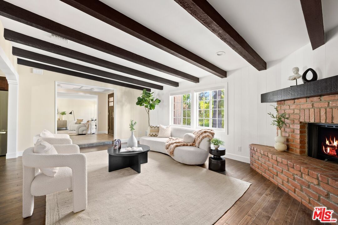 Fireplace, Interior, Living room, Recessed Lighting, Stone Walls, Wooden Beams, Wood Texture Flooring