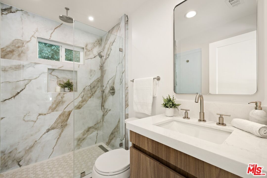 Bathroom, Glass Shower, Interior, Marble Walls, Recessed Lighting