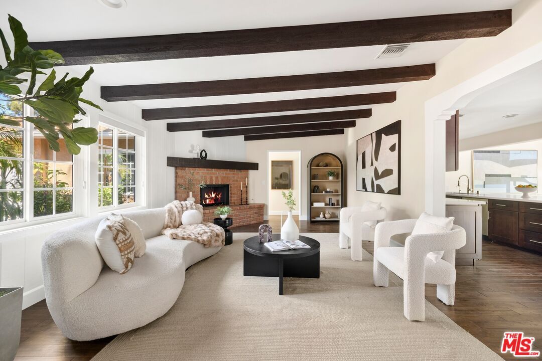 Fireplace, Interior, Living room, Recessed Lighting, Wooden Beams, Wood Texture Flooring