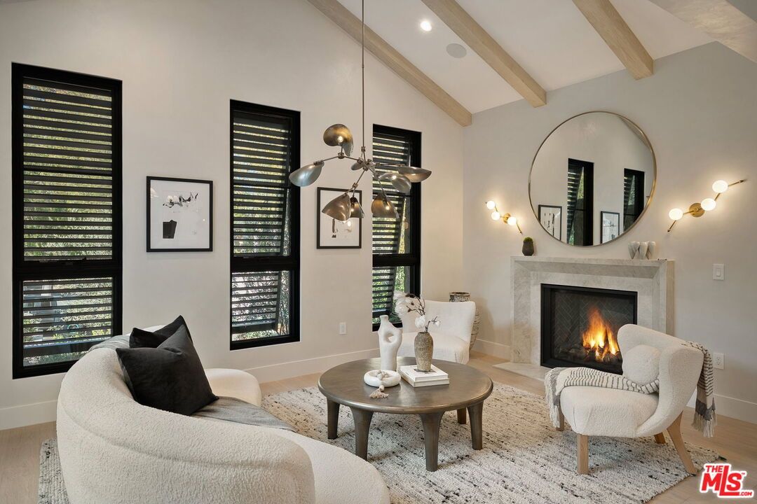 Fireplace, Interior, Living room, Pendant Lights, Recessed Lighting, Wooden Beams, Wood Texture Flooring
